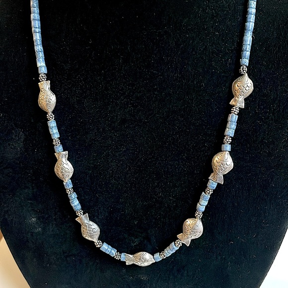 Hand Crafted Jewelry - Blue Sponge Coral and Thai Silver Fish Necklace